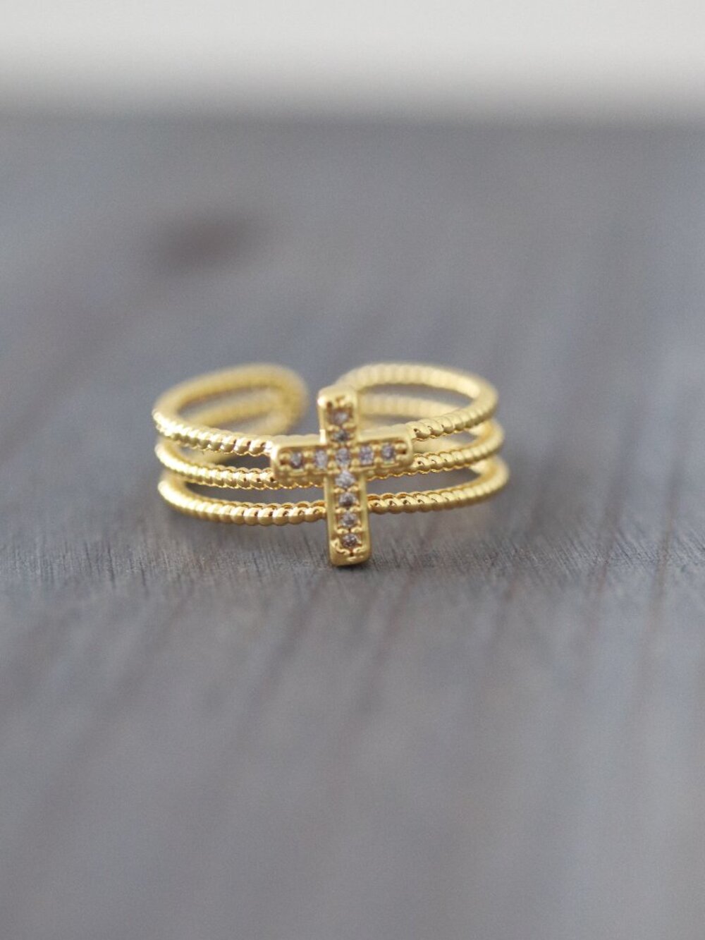 Cross 3Layers Style with CZ Diamond Wide Cuff Ring 18k Gold Plated Stainless Ste